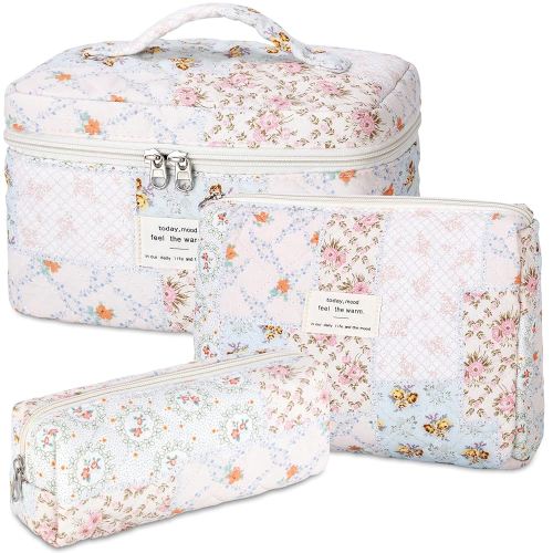 senbowe Floral Makeup Bag, 3 Pack Large Cotton Quilted Makeup Bag Set, Cute Floral Coquette Aesthetic Toiletry Bag Make Up Cosmetic Bag for Women, Toiletry Travel Make Up Organizer Bag
