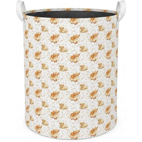 Floral Highland Cow Laundry Basket with Handles,46L