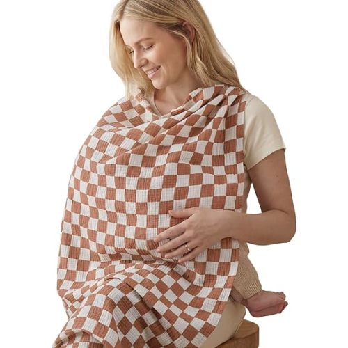 Blissful Diary Muslin Multi-Use Cloth - 4-in-1 Privacy Nursing Cover, Swaddle Blanket, Car Seat Cover, Burp Cloth, Portable Breastfeeding Essentials for Women, Baby Must Have (Brown Checkboard)