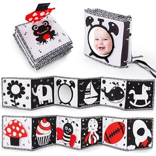 Black and White High Contrast Toys for Baby 0-3 3-6 months Infant Tummy Time Soft Book Sensory Musical Toy 0-2-4-6 month Babies Brain Development Montessori Crinkle Book Mirror Newborn Shower Gifts