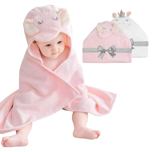 Softan 2 Pack Baby Hooded Towels, Premium Soft Cotton Baby Bath Towels with Hood, Extra Thick and Super Absorbent, Essential for Newborns, Infants and Toddlers (Pink Elephant & White Unicorn)