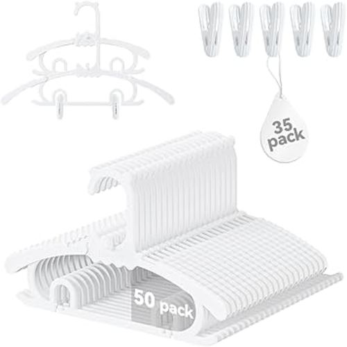 50 Pack Baby Hangers,with 35 Detachable Clips Adjustable 11.14"-15.55", Stackable Kids Closet Hangers, Two Bottom Grooves for Secure Clip Placement.Fits Newborns,Toddlers, Children & Teens(White)