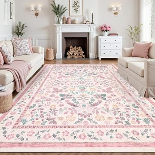 GarveeHome Washable Rugs 8x10 for Living Room Floral Non Slip Backing, Pink