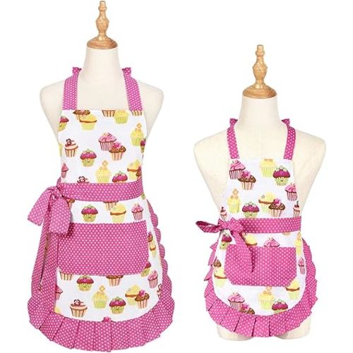 Claswcalor 2 Pack 100% Cotton Parent and Child Aprons, Cupcake Pattern Cute Baking Apron Adjustable Kitchen Apron for Women and Children Daughters Little Girls
