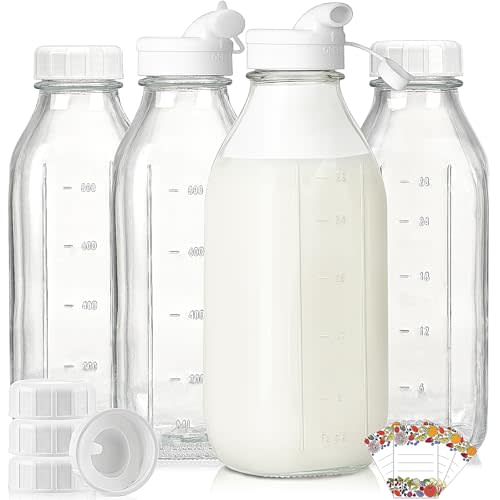 Syntic 4 Pack 32 Oz Glass Milk Bottles with Lids,Scale Marks,2 Pour Spouts