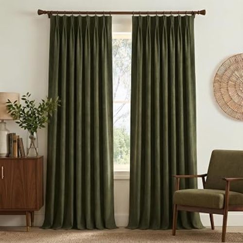 NICETOWN Heavy Linen Pinch Pleated Curtains 96 Inches Long with Hooks - Vintage Olive Green Room Darkening Drapes for Living Room & Bedroom, Energy Saving Modern Home Decor (40" Wide, 2 Panels)