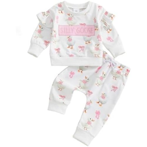 Toddler Baby Girl Fall Winter Clothes Silly Goose Long Sleeve Sweatshirt Tops Pants 2Pcs Set Farm Goose Outfit