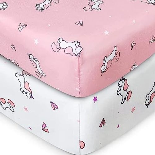 Girl Crib Sheets 2-Pack, Fitted 52'' x 28'' for Standard Crib & Toddler Mattress, Soft and Breathable Material, Neutral & Pink