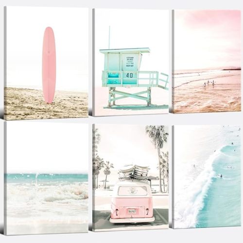 Summer Beach Wall Art Tropical Summer Ocean Coastal Posters Prints Girly Nautical Surfboard Bus Room Girl Room Soft Pink Decor California Beachy Surf Art Set For 6 8x12inch Woodframed