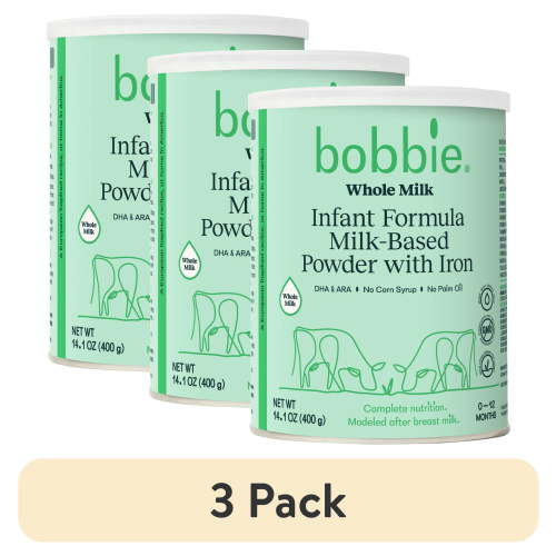 (3 pack) Bobbie Whole Milk Infant Formula for Everyday Feeding, Milk-Based Powder with 1.2mg Iron, Organic Grass-Fed Whole Milk Recipe, 14.1 oz Can