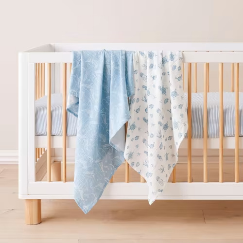 Adairs Kids - Whale Wonder White & Blue Cotton Muslin Baby Swaddles 2pk | Adairs