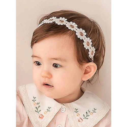 Baby Girls Flower Crown Headband Lace Handmade Floral Headbands Soft Elastic Band Daisy Hairband Newborn Infant Toddler Kids for Christening Baptism Birthday Party (White, Daisy)