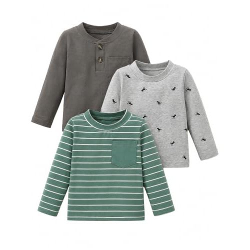 Jecson Toddler Boy Clothes Boys Long Sleeve Shirt 3-Pack Cotton Tees 12M-5Y | 3-pack toddler boy tees with soft stretch fabric, breathable comfort, fade resistant, shrink resistant, and lasting shape