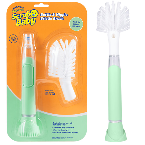 Scrub Daddy Scrub Baby Scratch-Free Self-Standing One-Touch Soap Dispensing Built-in Nipple Cleaner Baby Bottle Cleaning Brush