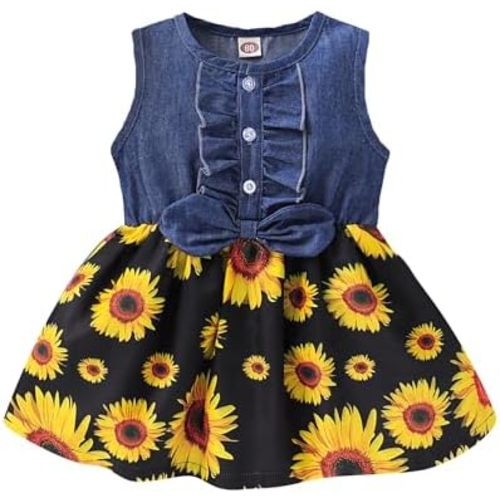 Kucnuzki Toddler Girl Outfits Baby Sunflower Princess Dresses Denim Summer Sleeveless Clothes Jean Tutu Skirts for Girls