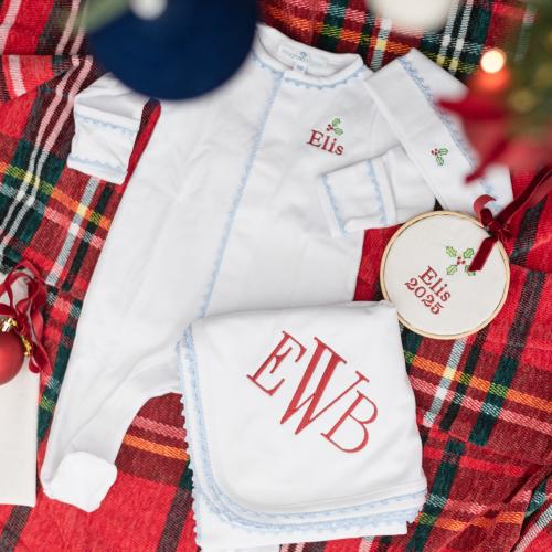 Newborn Christmas Outfit Set Footie Hat Blanket Ornament Personalized Pima Cotton Baby Clothes Holiday Gift Heirloom Embroidery