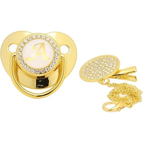 Personalized Baby Pacifier with Bling Design – Golden Letter Pacifier with Pacifier Clip, Custom Name Pacifier for Baby, Curved Ergonomic Design for 6-18 Months (A, Gold)