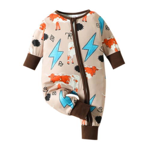 Byoo Newborn Boys Western Print Zipper Romper Long Sleeve One Piece Sleeper Jumpsuit for Infants，Brown