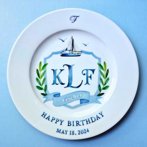 Birthday Plate for Boys with Sailboat: Personalized Ceramic Monogram Keepsake Plate