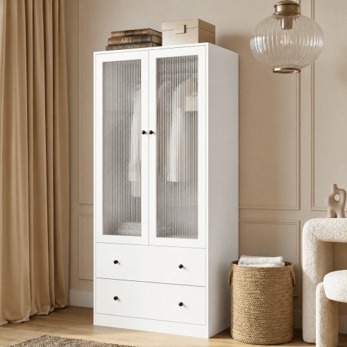 Richya Armoire Wardrobe Closet with 2 Drawers,Clothes Storage Cabinet with Hanging Rod,Closet Organizer for Bedroom,White(A)