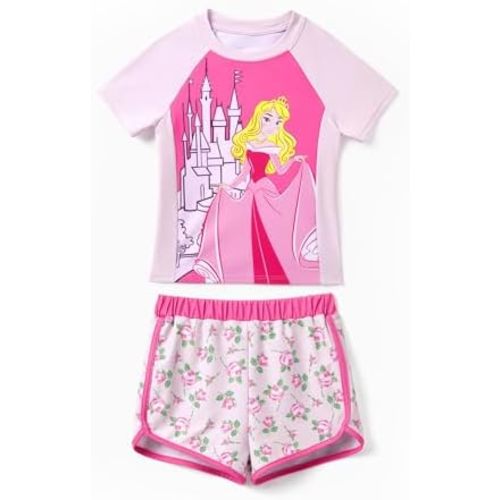 Disney Frozen Elsa Princess Girls Two Piece UPF 50+ Protection Quick-Dry Short Sleeve Swim Sets Rashguard Bathing Suit