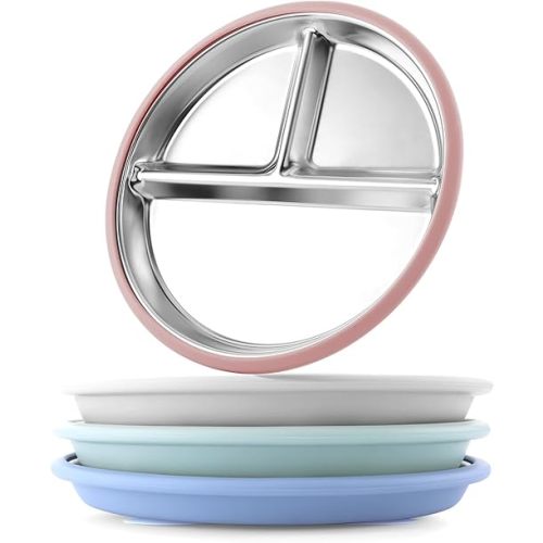 Stainless Steel Toddler Plate with Suction, 8” Divided Plates with Removable Silicone Sleeves for Baby, Non Toxic Unbreakable Kids Snack Dishes Set of 4, Sage Blue Gray Blush