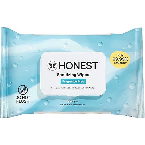 The Honest Company Fragrance Free Sanitizing Alcohol Wipes | Antibacterial + Safe for Hands | Kills 99% of Germs, Made With Aloe | 50 Count (1 Pack)