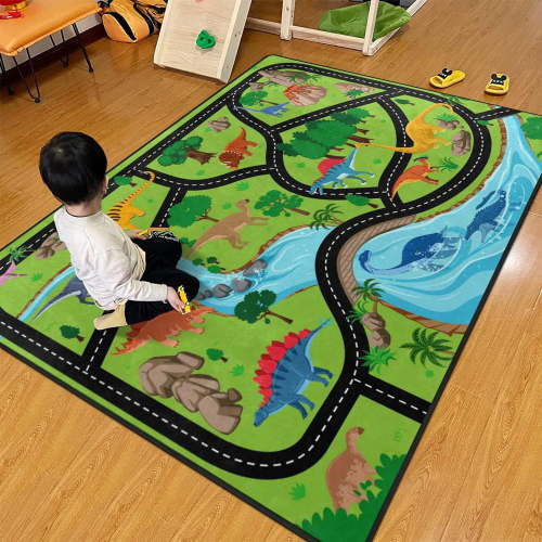 Kids Play Mat Road Rug Dinosaur Car Rug For Toddlers Non-Slip Map Rug For Playroom And Bedroom Foldable Play Mat Toy Car Mat