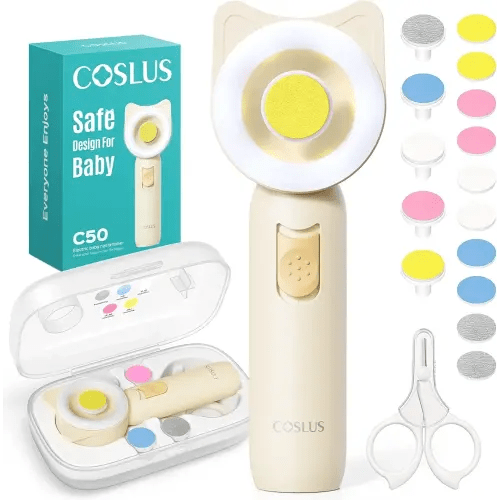 COSLUS Baby Nail File, Baby Nail Trimmer Electric, Baby Nail Clipper - Gentle, Quiet with 360° Light, Safe for Sleep Time Grinding, 16-in-1 Kit for Newborn, Infant & Toddler (C50, Lemon Yellow)