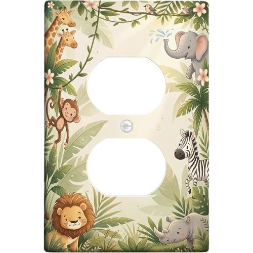 Lion Duplex Outlet Covers Wall Plate, Safari Playful Giraffe Elephant N/a Green Plastic Standard Size Decorative Receptacle Outlet Covers for Home Living Room Bedroom Bathroom Decor