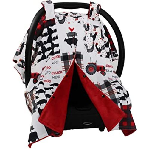 Dear Baby Gear Car Seat Cover for Boys & Girls - Baby Carseat Canopy w/Snap Opening - Infant Seat Cover - Stroller & Nursing Covers - Newborn Carrier Canopy - 40x30" (Farm Faux Quilt - Red Smooth)