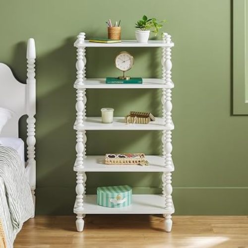 Walker Edison EZ Assembly Premium Traditional Kids Wood Bookcase, Modern Farmhouse Bookshelf, 5 Open Spindle Shelves, Short Wood Bookcase Accessible Height for Children, 48 Inch, White