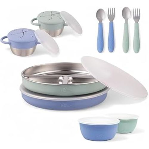 Elk and Friends Kids Stainless Steel Mealtime Bundle | Plates, Bowls, Snack Cups + Toddler Utensils | Silicone Sleeves + Travel Storage Lids | For Meals + Snacks | Dishwasher Safe