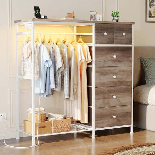 Taoset 6-Drawer Dresser with Clothes Rack & Charging Station, Garment Rack with Hanging Rod & Side Hooks, Free Standing Closet Organizer Storage Shelves for Bedroom, Cloakroom