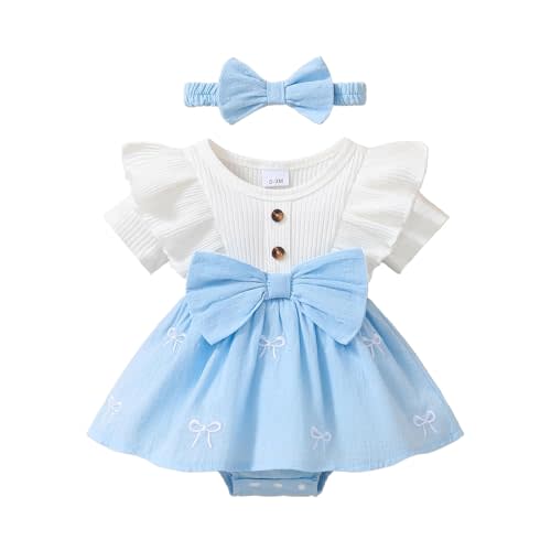 Baby Girl Summer Clothes Newborn Romper Dress Ruffle Short Sleeve Onesie Jumpsuit Outfits with Bow Headband