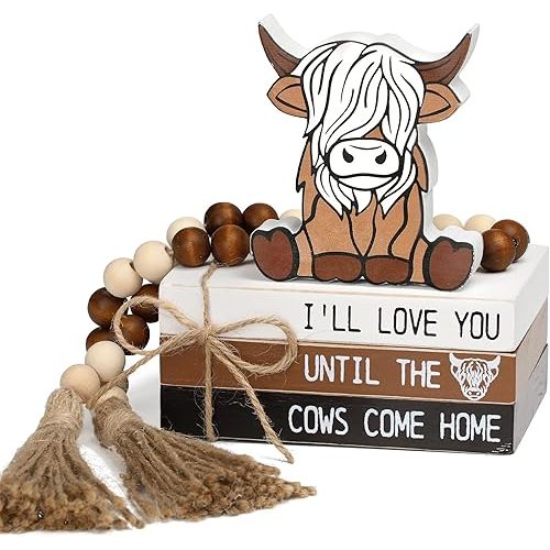 5PCS Highland Cow Decor, Farmhouse Tiered Tray Decor, Wooden Book Stacks Rustic Table Centerpiece for Home Room Mantle Shelf