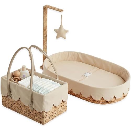 Premium Baby Changing Basket + Diaper Caddy - Scalloped Basket for Baby Dresser
