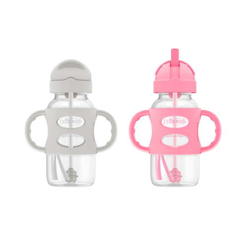 Dr. Brown's Wide-Neck Sippy Straw Bottles with Silicone Handles, Gray and Pink, 9oz/270ml, 2-Pack
