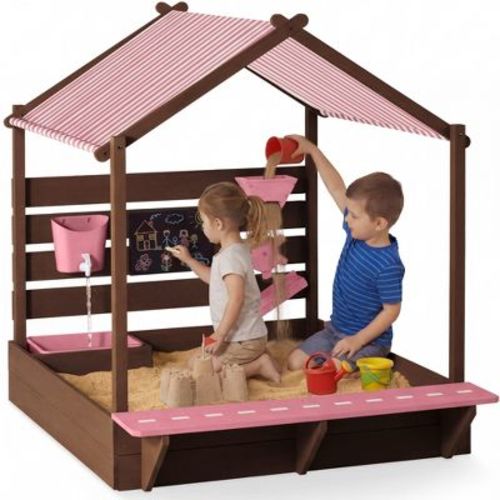 Best Choice Products Sandbox w/ Canopy, Wooden Sand Box w/ Water Table, Bench Seat, Outdoor Kids Playset - Pink