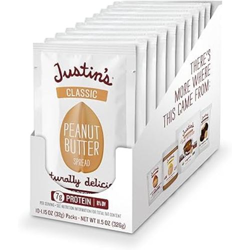 JUSTIN'S Classic Gluten-Free Peanut Butter Spread Squeeze Packs, 1.15 Ounce (10 Pack)