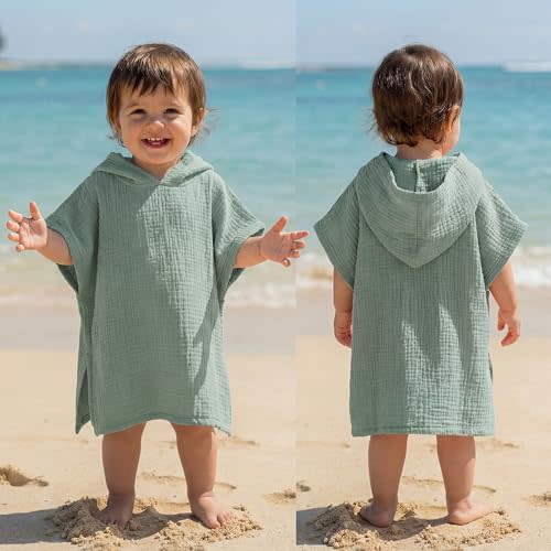 Frienda Muslin Hooded Beach Towel for 0-3 Years Kids, Green | Soft Muslin Bath Poncho, Absorbent Towel Cover Up, For Boys Girls Newborns Toddler, Beach Pool Bath Essentials