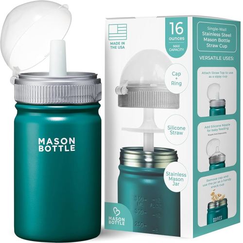 Mason Kids Jar 16oz Stainless Steel Sippy Cup with Lid and Straw - BPA-Free, Spill Proof Green