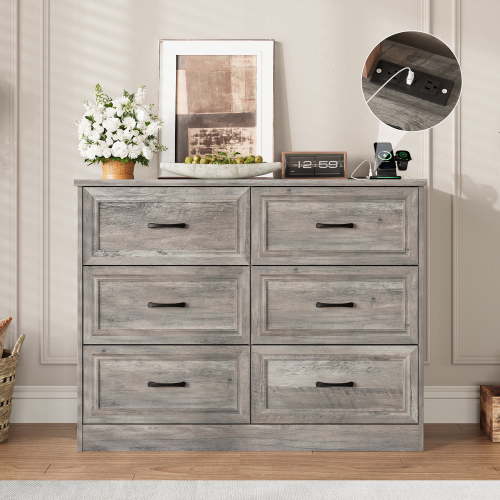 Vabches 6 Drawers Dresser for Bedroom, 32" Tall Wood Chest of Drawers with Charging Station , Grey