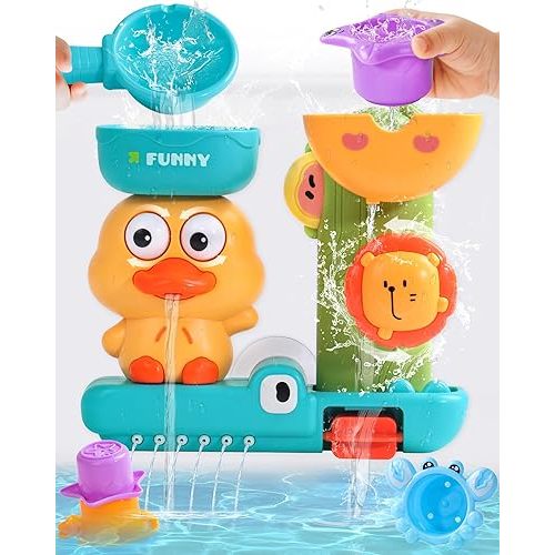 Baby Bath Toys for Kids Ages 1-3 2-4 Toddler Bathtub Water Toys with 3 Strong Suction Cups Battery-Free Duck Waterfall Sensory Shower Toys with Stacking Cups for 18+ Months Boys Girls Birthday Gifts