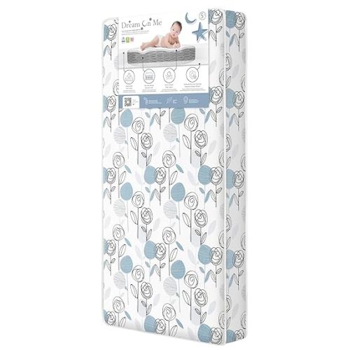 Dream On Me Nap Nest Crib and Toddler Mattress, Dual-Sided - Infants & Toddlers, Waterproof 5” Mattress with 88 Interwoven Coils, 75% Recycled Fiber, GREENGUARD Gold & BSA Certified – Teal Flowers