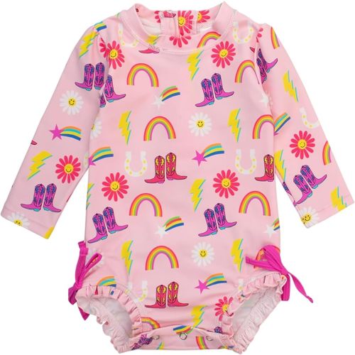 RuffleButts Baby Girls UPF 50+ Sun Protection Floral Printed Long Sleeve One Piece Rash Guard Swimsuit with Zipper