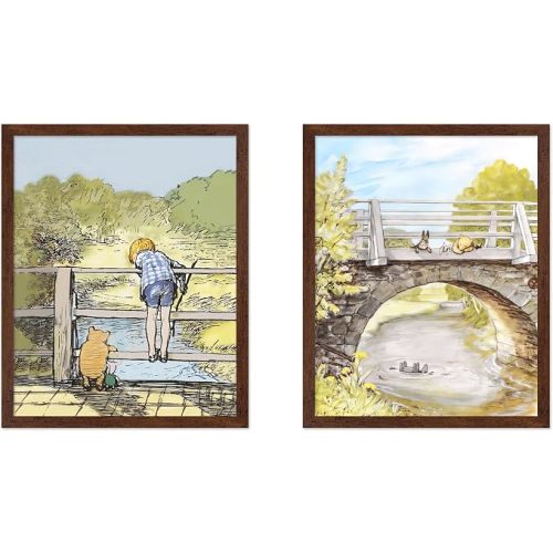 Monem Art 2-Piece Vintage Pooh and Friends Poster - Pooh on Stone Bridge Print - Story Book Art - Classic Watercolor - Aesthetic Kid's Room or Nursery Decor - 8x10 Brown Framed