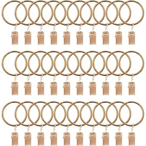 Curtain Ring with Clips,Iron Drapery Clips Hooks,TTZEZE Rustproof Curtain Clip Rings Hooks,30PCS Curtain Hooks for Curtain Rod Dia.25mm/0.98'' THK 3mm/0.12'', Rose Gold