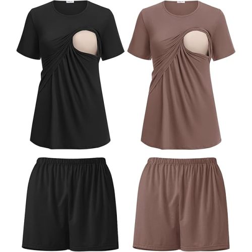 Ekouaer 2 Pack Women's Nursing Pajamas Set Double Layer Maternity Pjs Postpartum Loungewear Set Breastfeeding Tops & Shorts