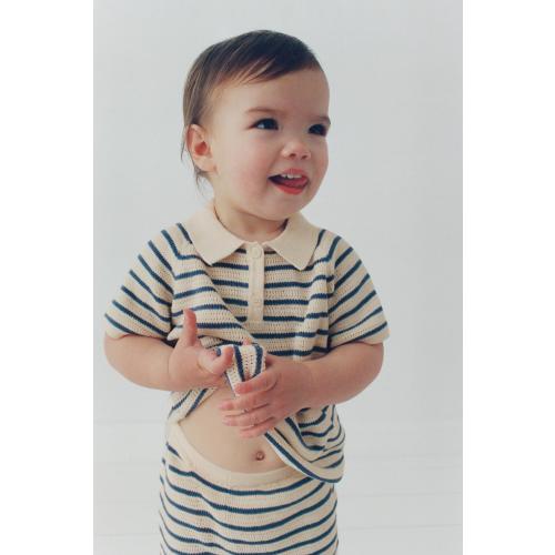 STRIPED KNIT POLO SHIRT - Ecru / Blue | ZARA United States